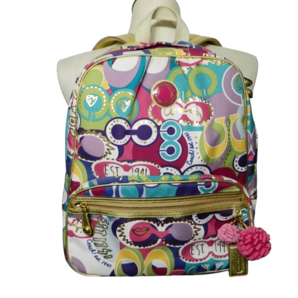 Coach 19432 Poppy Multi Color Graffiti Backpack with Gold Tone Leather Trim EUC! - Picture 2 of 10